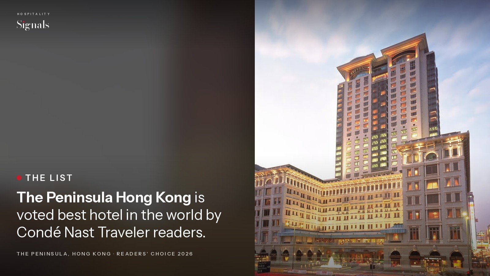 Condé Nast Traveler Readers' Choice 2026: The Peninsula Hong Kong named best hotel in the world